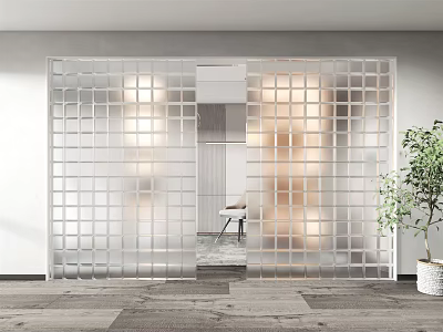 Modern White Wall Design With Grid Transparent Panel And Warm Lighting Effect 3d model