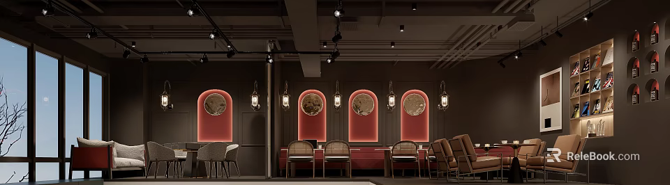 Stylish Café Interior Design With Red Walls Round Windows Pendant Lights And Wooden Seats 3d model 