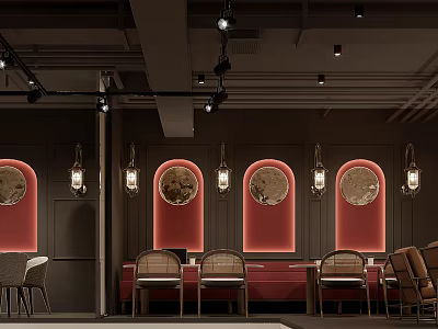 Stylish Café Interior Design With Red Walls Round Windows Pendant Lights And Wooden Seats 3d model