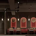 Stylish Café Interior Design With Red Walls Round Windows Pendant Lights And Wooden Seats