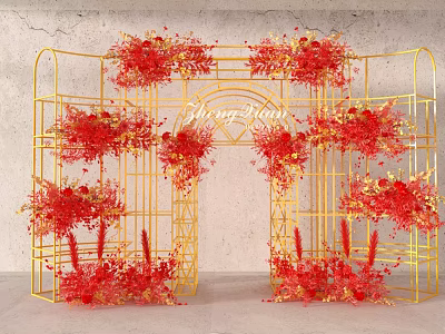 Golden Frame Event Entrance Arch With Red Flowers Plants And Wedding Day Text 3d model