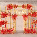 Golden Frame Event Entrance Arch With Red Flowers Plants And Wedding Day Text