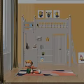 White Bunk Bed in Kids Room with Storage Shelves Yellow Walls and Minion Toys