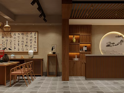 Hotel Lobby Interior Design With Chinese Wooden Furniture Calligraphy And Circular Decor Elements 3d model