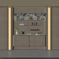Elegant Modern Sideboard With Marble Backdrop And LED Strip Lights On Shelves