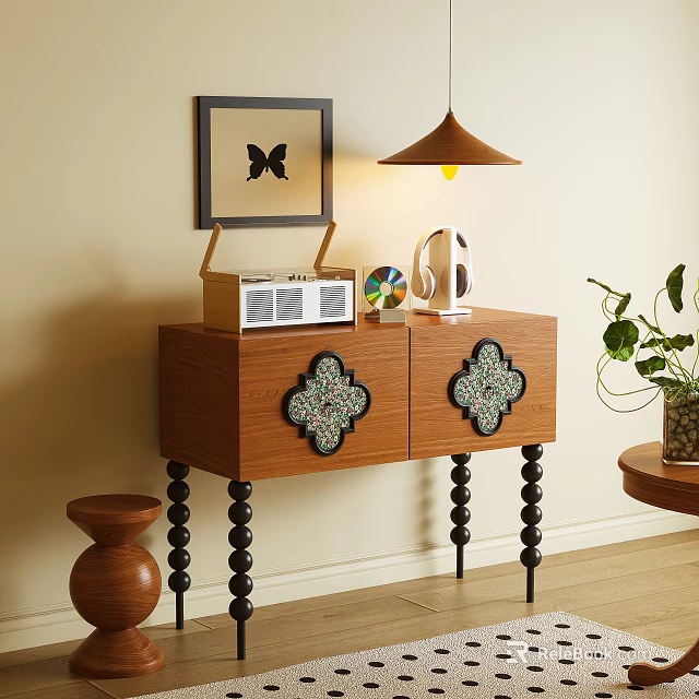 Wooden Entryway Side Cabinet With Decorative Floral Panels Black Beaded Legs And Stylish Decorative Items 3d model 