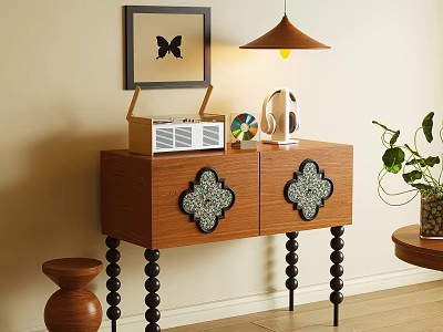 Wooden Entryway Side Cabinet With Decorative Floral Panels Black Beaded Legs And Stylish Decorative Items 3d model