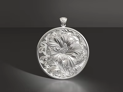 Exquisite Silver Circular Pendant With Intricate Detailed Floral Engraved Design 3d model