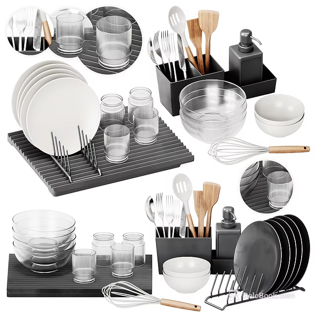 Essential Kitchenware Collection With Dish Rack Glassware Bowls And Utensils 3d model 
