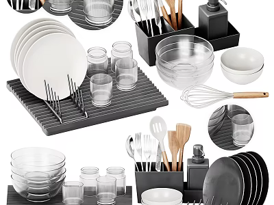 Essential Kitchenware Collection With Dish Rack Glassware Bowls And Utensils 3d model