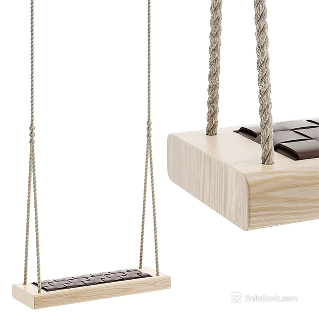 Hanging Chair With Wooden Frame Ropes And Black Cushion For Indoor Outdoor Use 3d model 