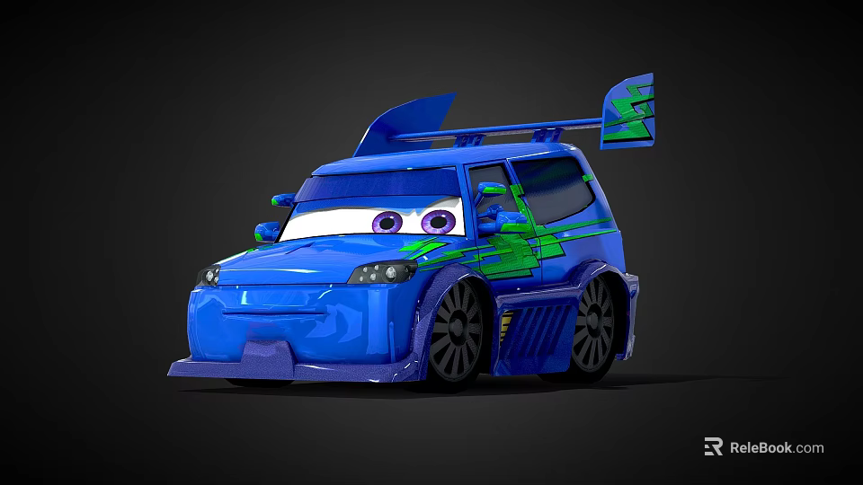 Vibrant Blue Cartoon Style Race Car With Expressive Eyes Roof Spoiler And Green Accents 3d model 