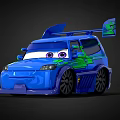 Vibrant Blue Cartoon Style Race Car With Expressive Eyes Roof Spoiler And Green Accents