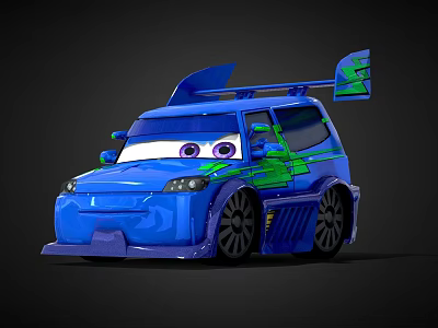 Vibrant Blue Cartoon Style Race Car With Expressive Eyes Roof Spoiler And Green Accents 3d model