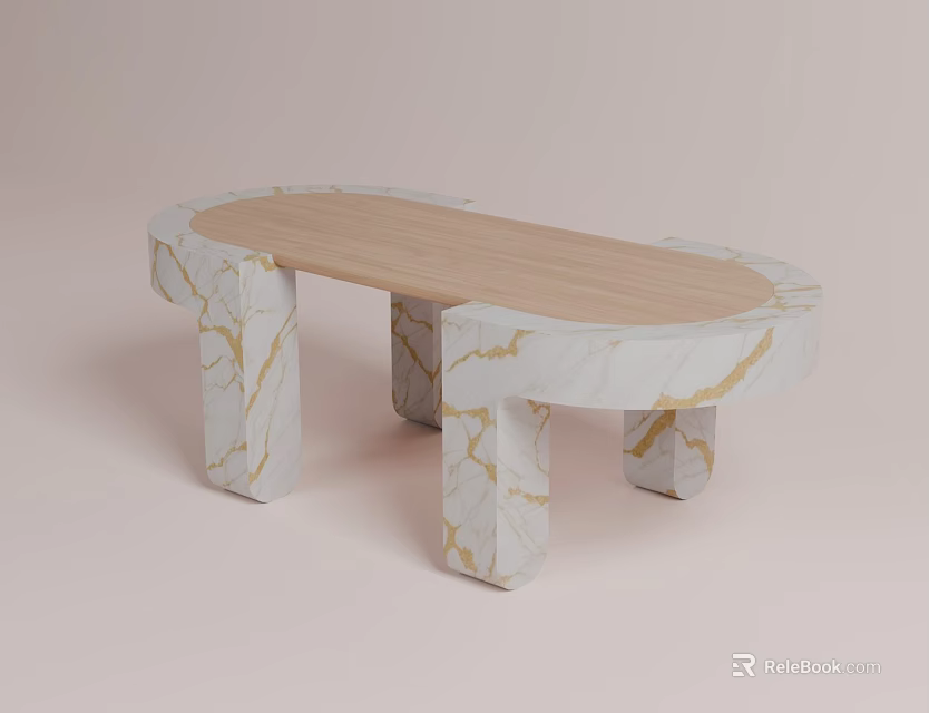 Modern Dining Table With Wooden Top And White Marble Legs With Gold Veins 3d model 