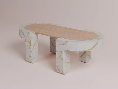 Modern Dining Table With Wooden Top And White Marble Legs With Gold Veins 3d model