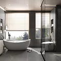 Modern Elegant Grey Marble Bathroom With Freestanding Tub And Glass Shower Enclosure Featuring Natural Lighting