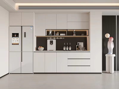 Modern White Sideboard in Kitchen With Upper Cabinets Countertop Coffee Machine and Wine Bottles 3d model