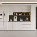 Modern White Sideboard in Kitchen With Upper Cabinets Countertop Coffee Machine and Wine Bottles