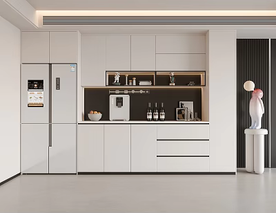 Modern White Sideboard in Kitchen With Upper Cabinets Countertop Coffee Machine and Wine Bottles 3d model