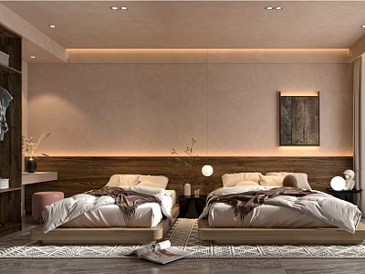 Hotel Guest Room With Twin Beds Decorative Walls Bedside Painting Table Lamps And Area Rug 3d model