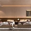 Hotel Guest Room With Twin Beds Decorative Walls Bedside Painting Table Lamps And Area Rug