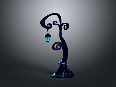 Unique Curved Street Lamp With Blue Lantern And Glowing Base 3d model