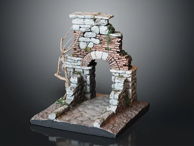 Ancient Stone Archway Model With Ruined Bricks Vines And Twigs On Base 3d model