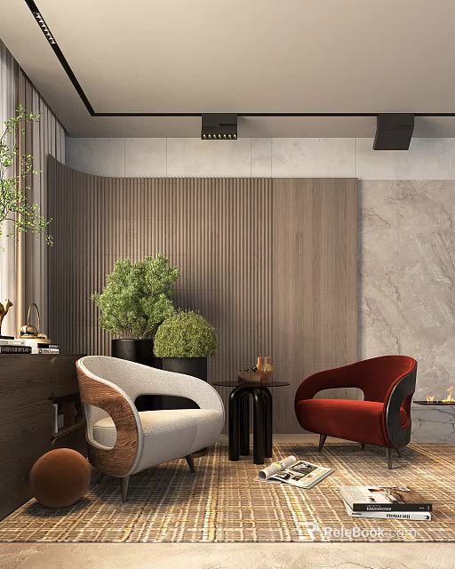 Modern Casual Sofa Set With White Red Chairs Wooden Striped And Marble Walls Green Plants 3d model 