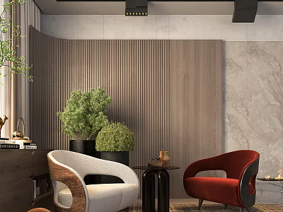 Modern Casual Sofa Set With White Red Chairs Wooden Striped And Marble Walls Green Plants 3d model