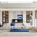 Modern Living Room Interior Design With White Sofa Blue Accents Bookshelves And Green Plant
