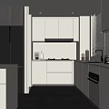 Modern Kitchen Interior With White Cabinets Black Refrigerator Island And Appliances