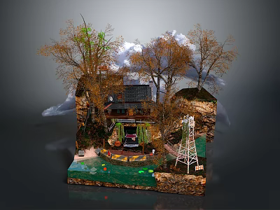 Rustic Country Cottage Home Surrounded by Trees Vintage Car and Water Tower Garden 3d model