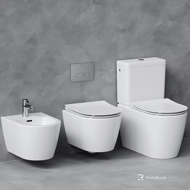 Modern White Toilets And Sink In Bathroom Interior With Gray Wall 3d model 