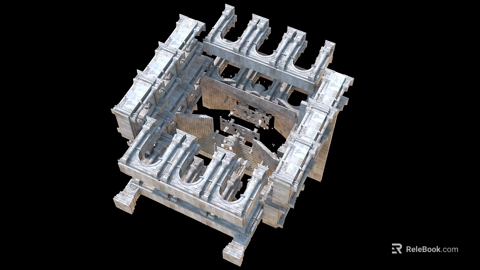 Detailed Ancient Stone Architectural Ruins With Carved Arches And Square Structure 3d model 