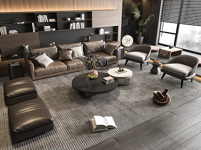Modern Sofa and Coffee Table Set with Pillows Chairs and Area Rug 3d model