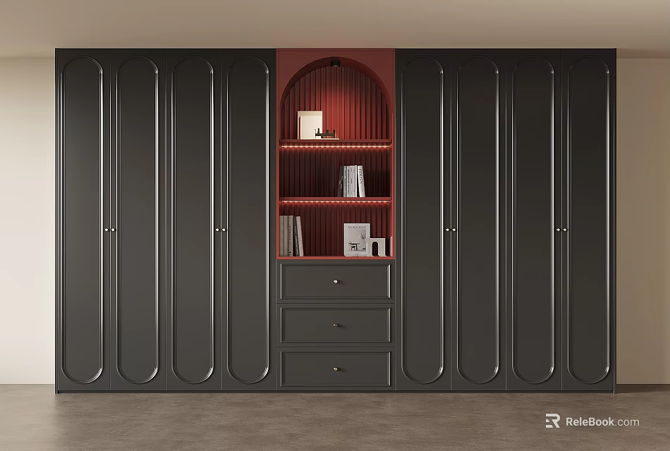 Modern Black Bookcase Featuring Red Arch Display Shelves And Storage Drawers 3d model 