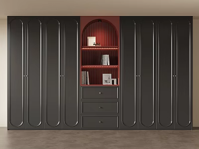Modern Black Bookcase Featuring Red Arch Display Shelves And Storage Drawers 3d model