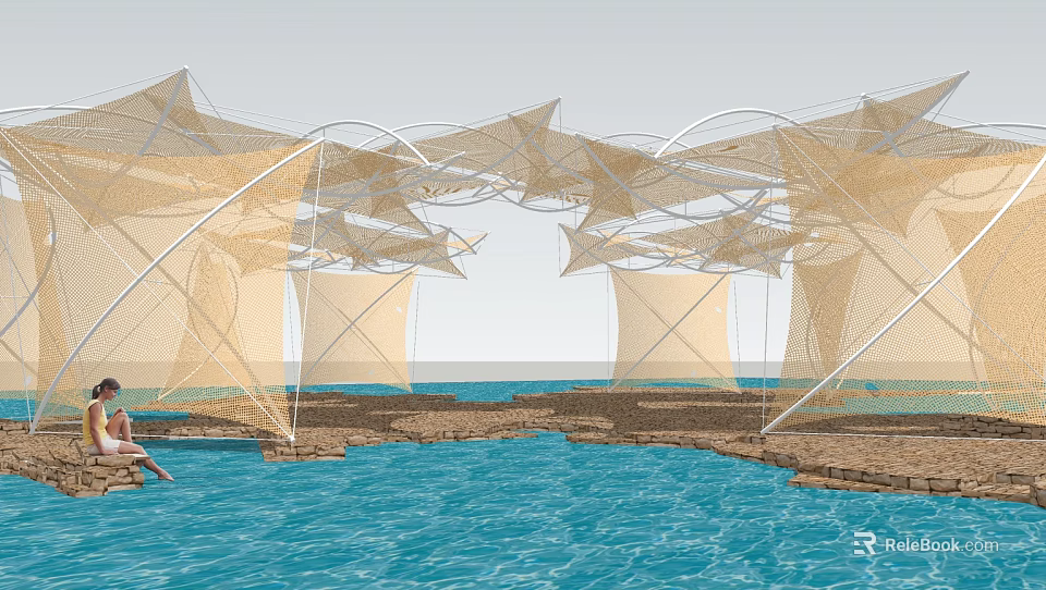 Modern Tensile Membrane Structure Over Blue Water With Natural Coastal View 3d model 