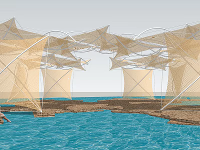 Modern Tensile Membrane Structure Over Blue Water With Natural Coastal View 3d model