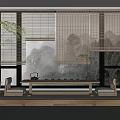 Modern Japanese Tea Room Interior With Wooden Tea Table And Chairs Bamboo Blinds And Potted Plant