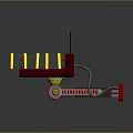 Mechanical Device With Yellow Stripes Gray Sections Red Structure Wheels And Connecting Wires 3d model