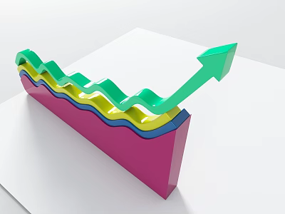 3D Colorful Wave Structure With Upward Green Arrow And Pink Base Layers 3d model