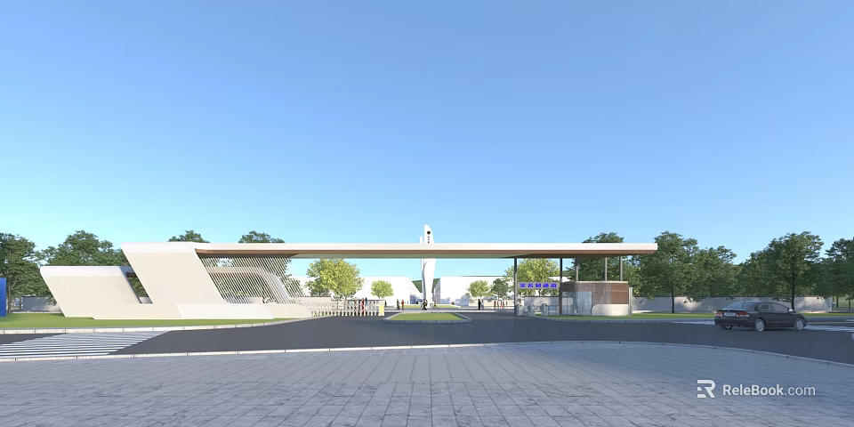 Modern Entrance Gate With Canopy Grid Design Alongside Trees And Open Road 3d model 
