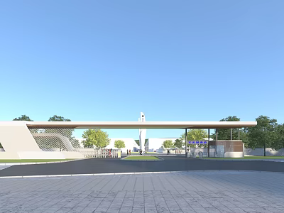Modern Entrance Gate With Canopy Grid Design Alongside Trees And Open Road 3d model