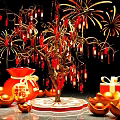 Festive Photo Check In Spot With Golden Tree Red Decorations Fortune Bag And Fireworks