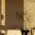 Elegant Beauty Salon Interior With Sunlight Beige Wall Olive Tree And Massage Table