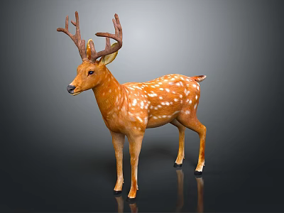 Standing Deer With Brown Antlers Orange Body And White Spots On Black Background 3d model