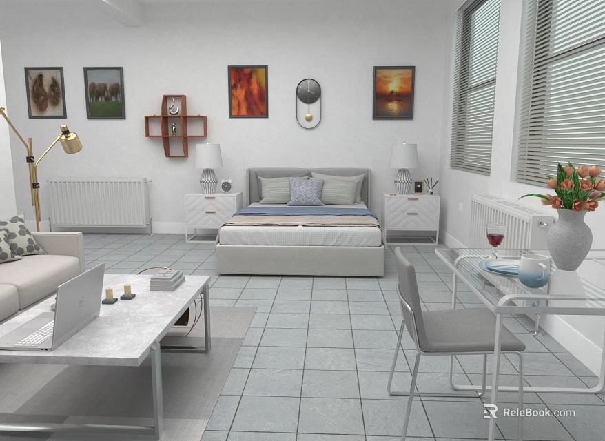 Modern Apartment Interior with Sofa Bed Coffee Table Wall Paintings Windows Floor Lamp and Blinds 3d model 
