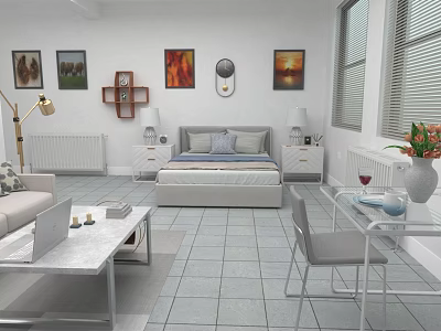 Modern Apartment Interior with Sofa Bed Coffee Table Wall Paintings Windows Floor Lamp and Blinds 3d model